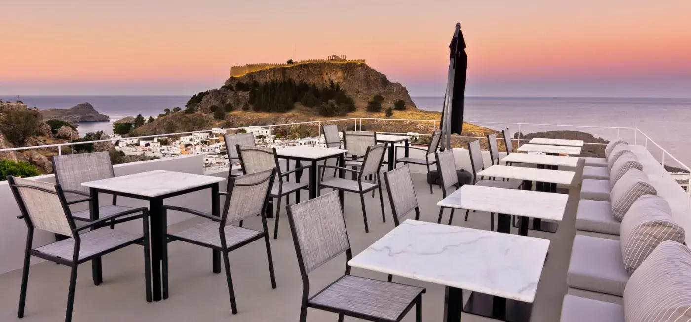 Terrece Dining area view of Lindos Comfy Suites Rhodes, Greece